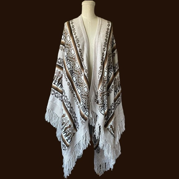 Tan Brown White Alpaca Knit Fringe Large Wrap Oversized Scarf Geometric Ethnic